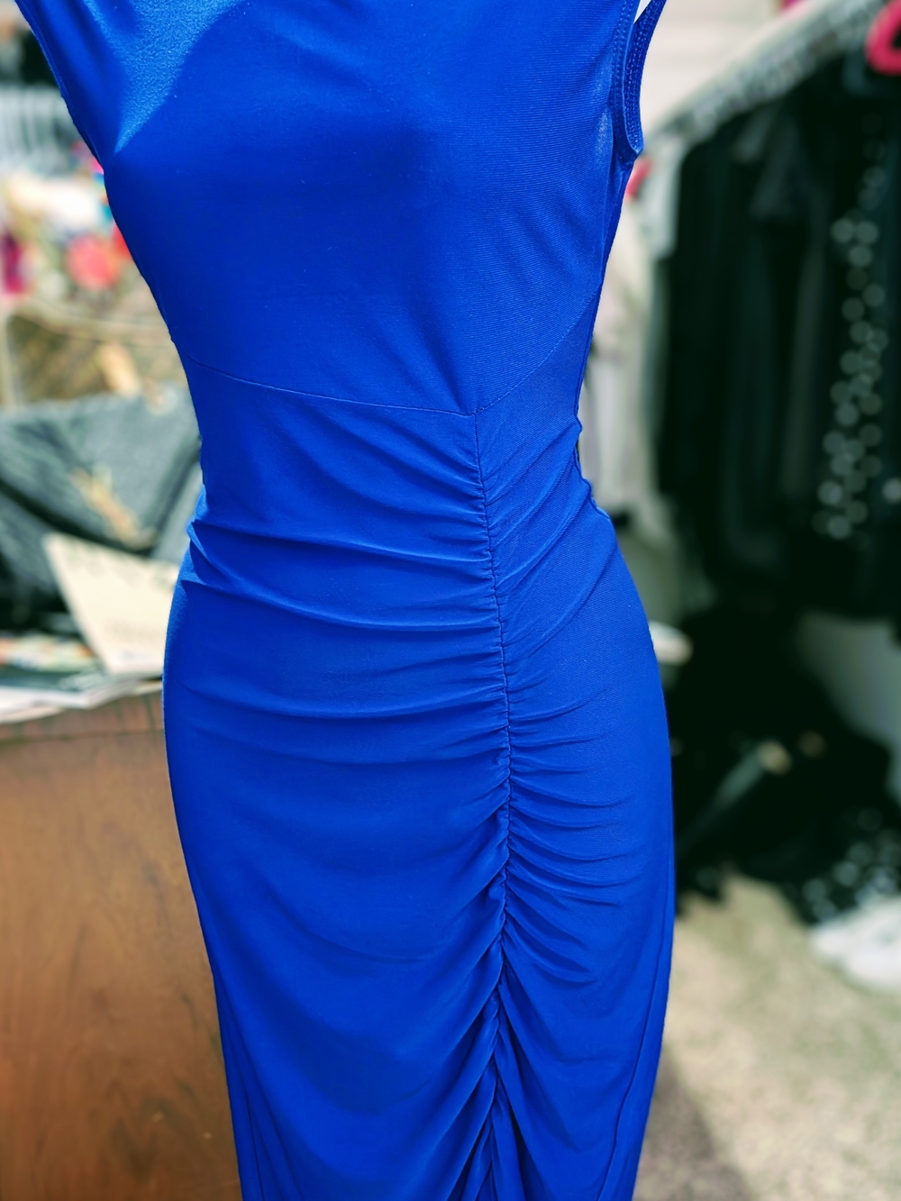 bebe Royal Blue Ruched Sleeveless Midi Dress